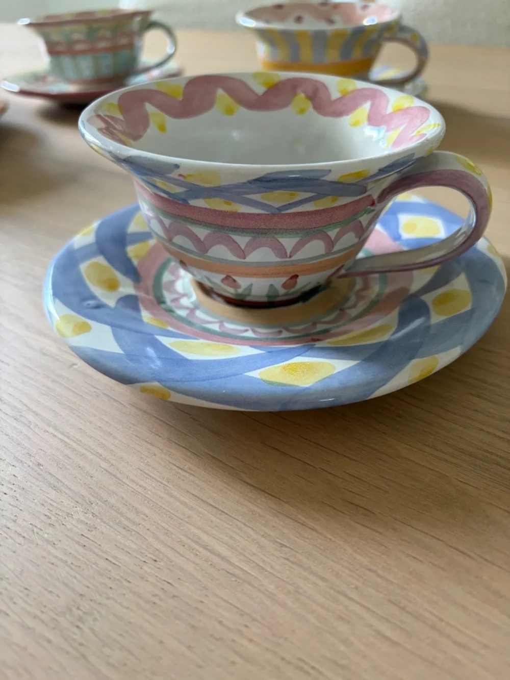 Mackenzie Childs Vintage Coffee Cup, Saucer, Creamer and Sugar Jar Set